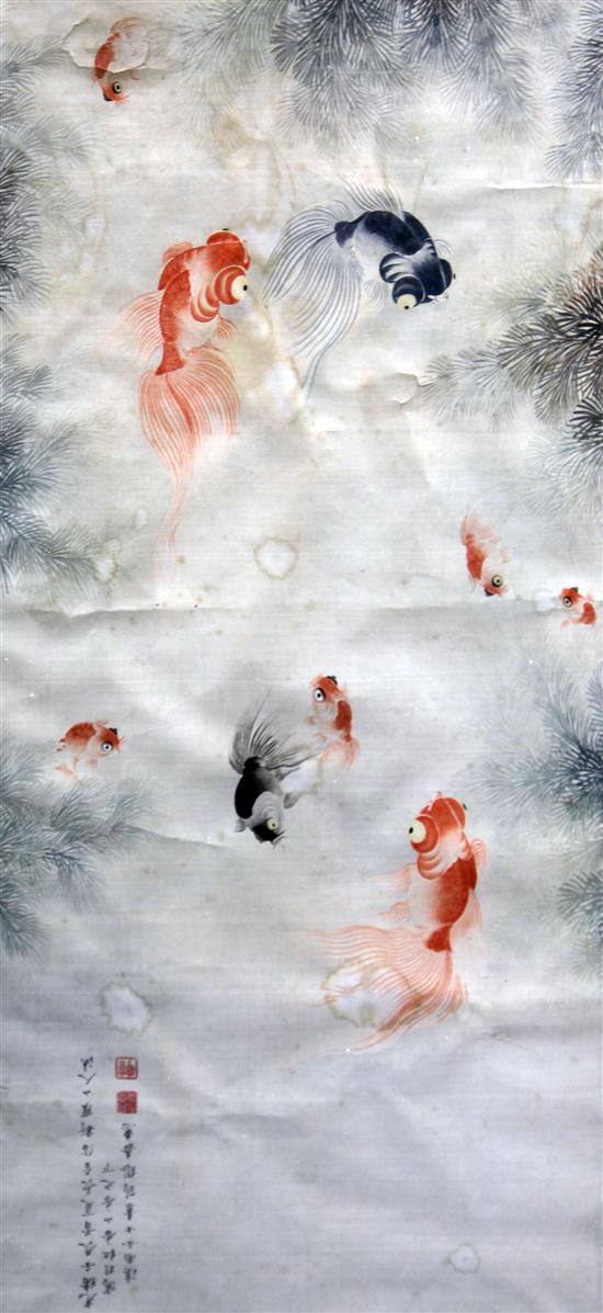 Miao Jiahui (Chinese, 1842-1918), 82cm x 39cm, fading and staining